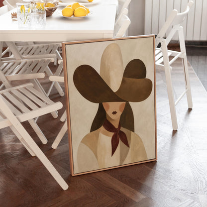 Woman in a deep brown cowboy hat with long hair and a wine red scarf, canvas print on a quiet wall in a considered interior
