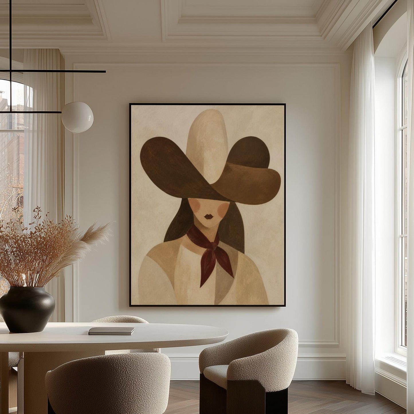 Woman in a deep brown cowboy hat with long hair and a wine red scarf, canvas wall art presented in a light, minimal room
