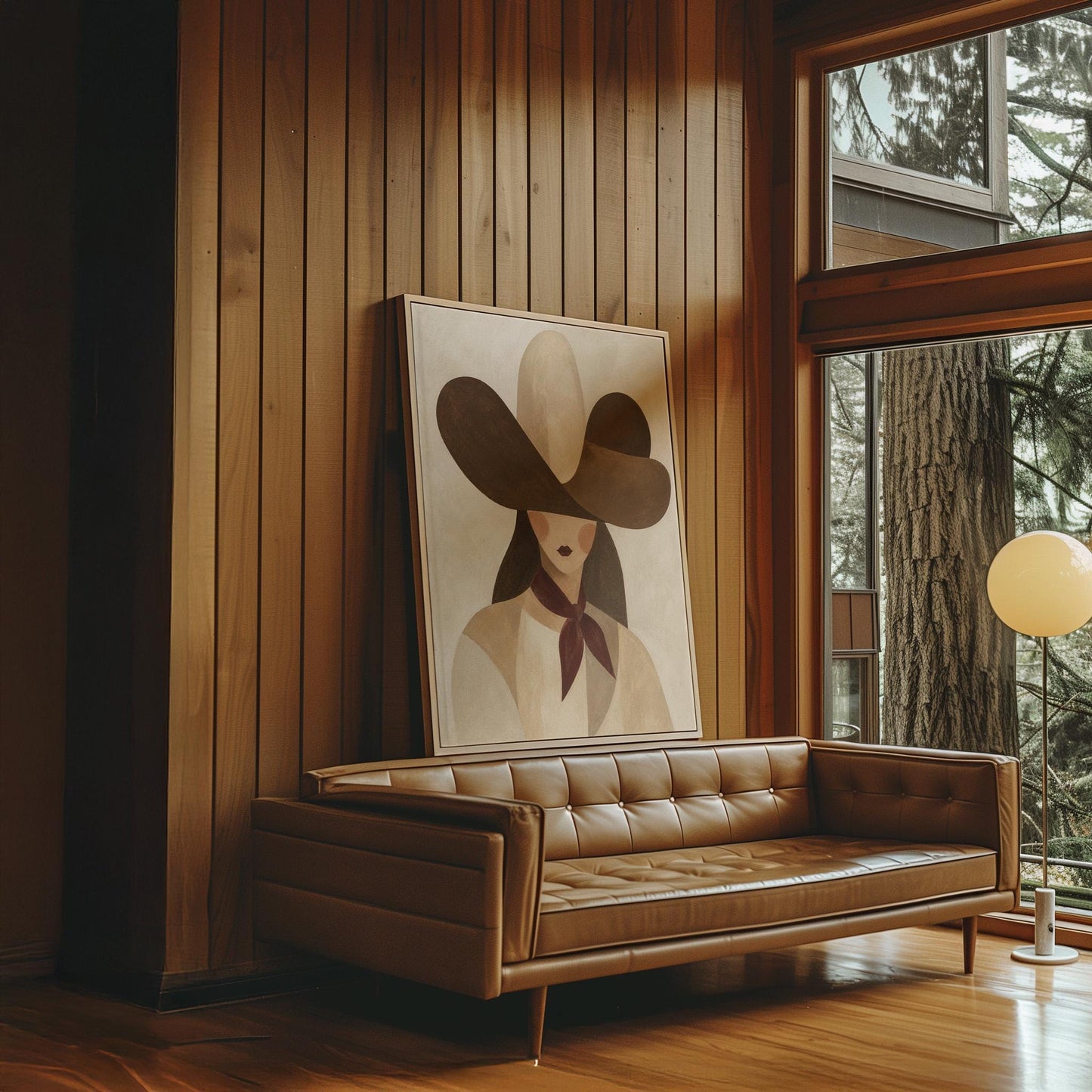 Woman in a deep brown cowboy hat with long hair and a wine red scarf, canvas wall art on a quiet wall in a considered interior