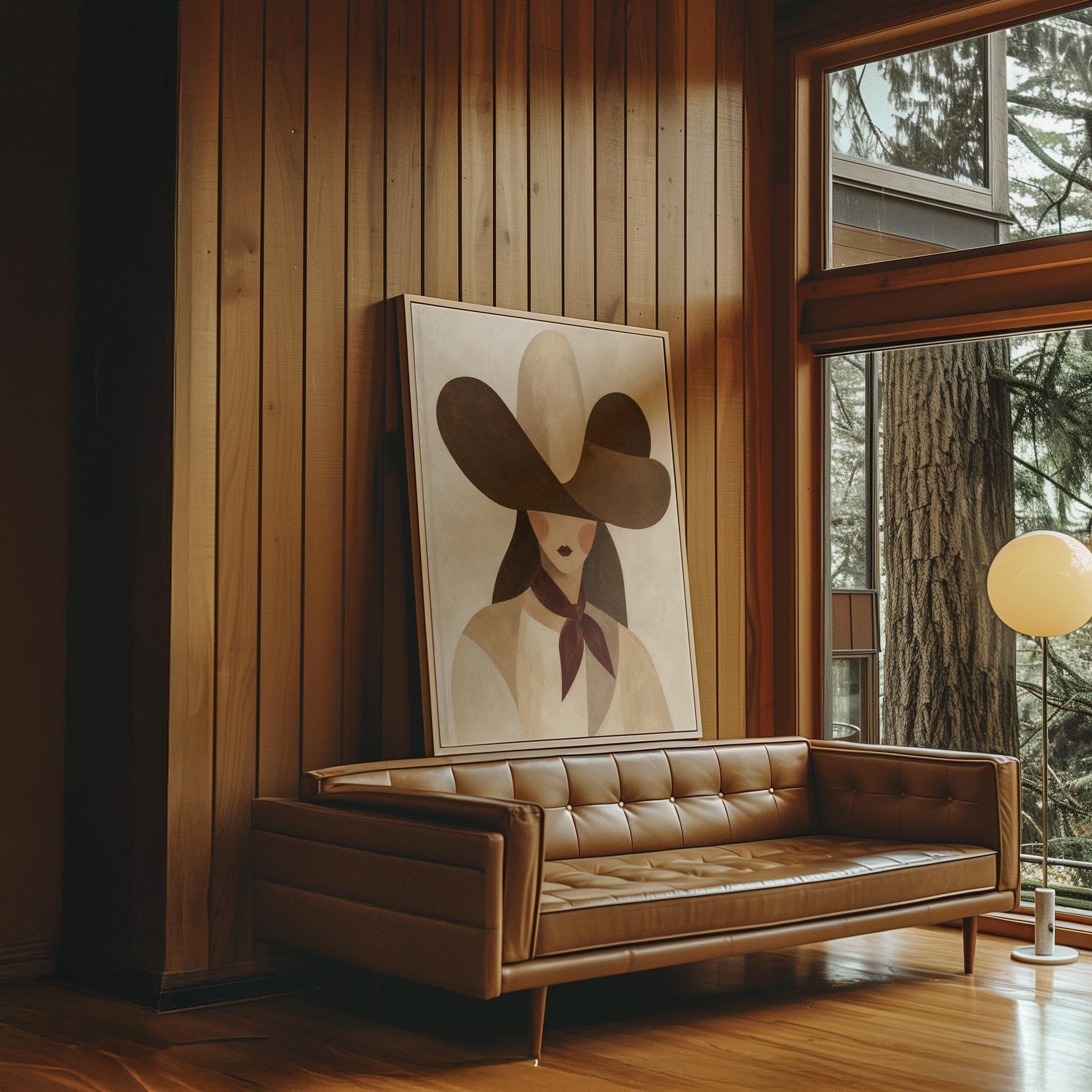 Woman in a deep brown cowboy hat with long hair and a wine red scarf, canvas wall art on a quiet wall in a considered interior