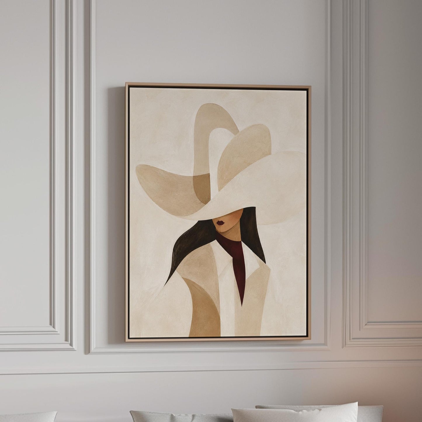 Abstract sculptural cream cowboy hat above a woman in a pale coat, canvas print in a bright room with natural daylight