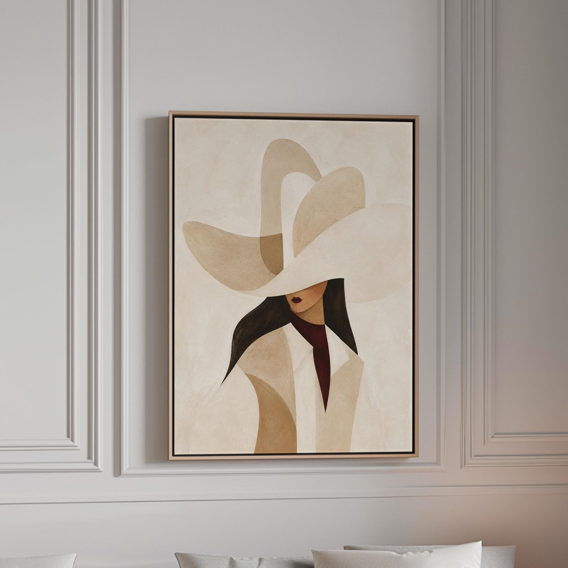 Abstract sculptural cream cowboy hat above a woman in a pale coat, canvas print in a bright room with natural daylight
