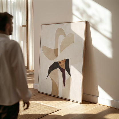 Abstract sculptural cream cowboy hat above a woman in a pale coat, canvas print hanging in a calm, modern living space