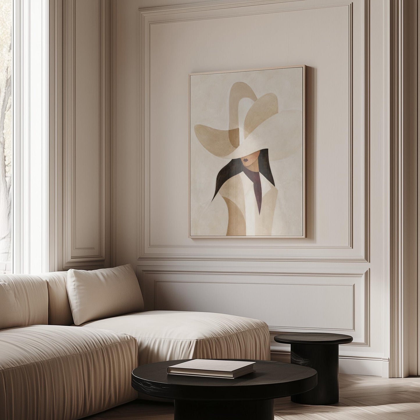 Abstract sculptural cream cowboy hat above a woman in a pale coat, canvas print displayed on a neutral wall in a styled interior