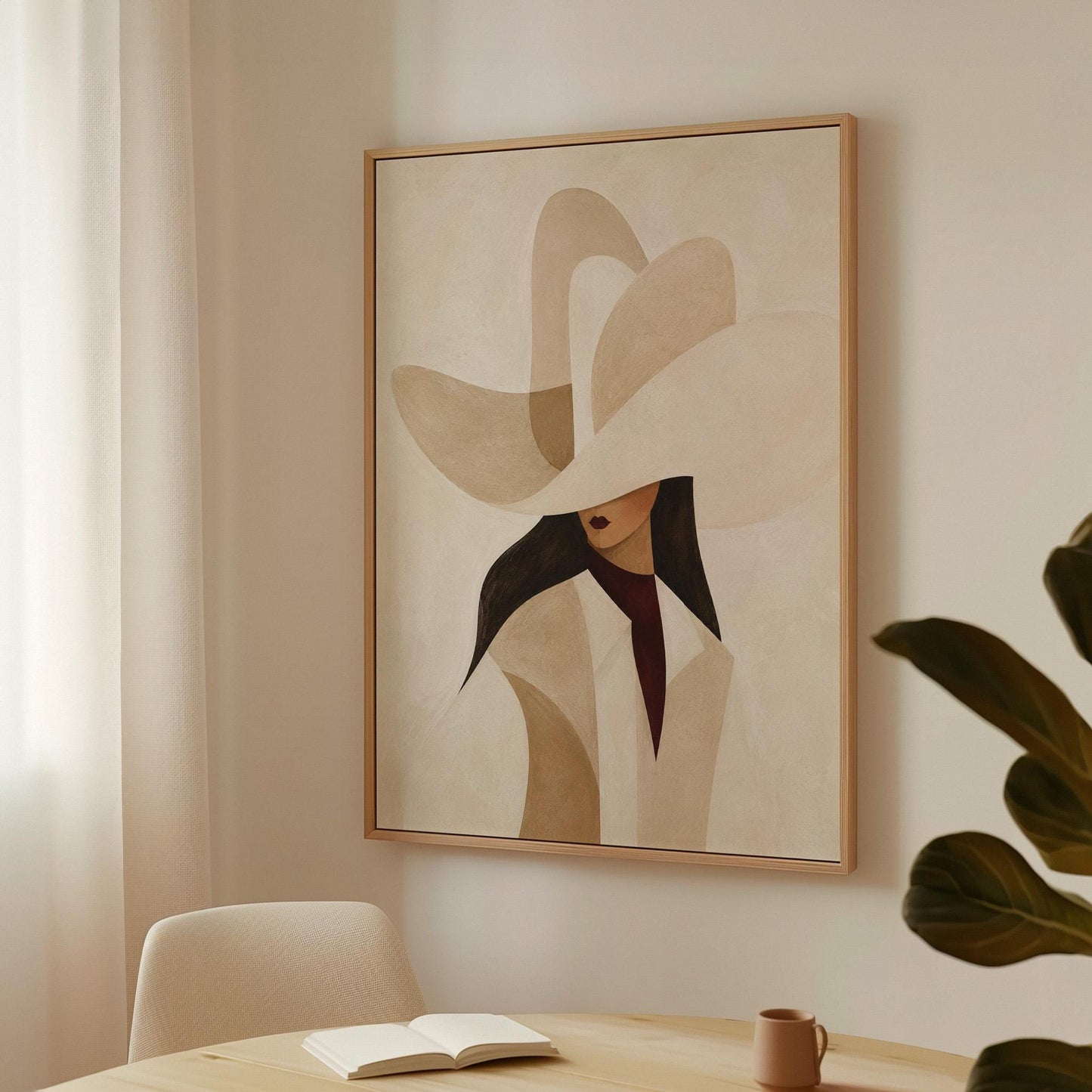 Abstract sculptural cream cowboy hat above a woman in a pale coat, canvas print shown in a sunlit, contemporary room