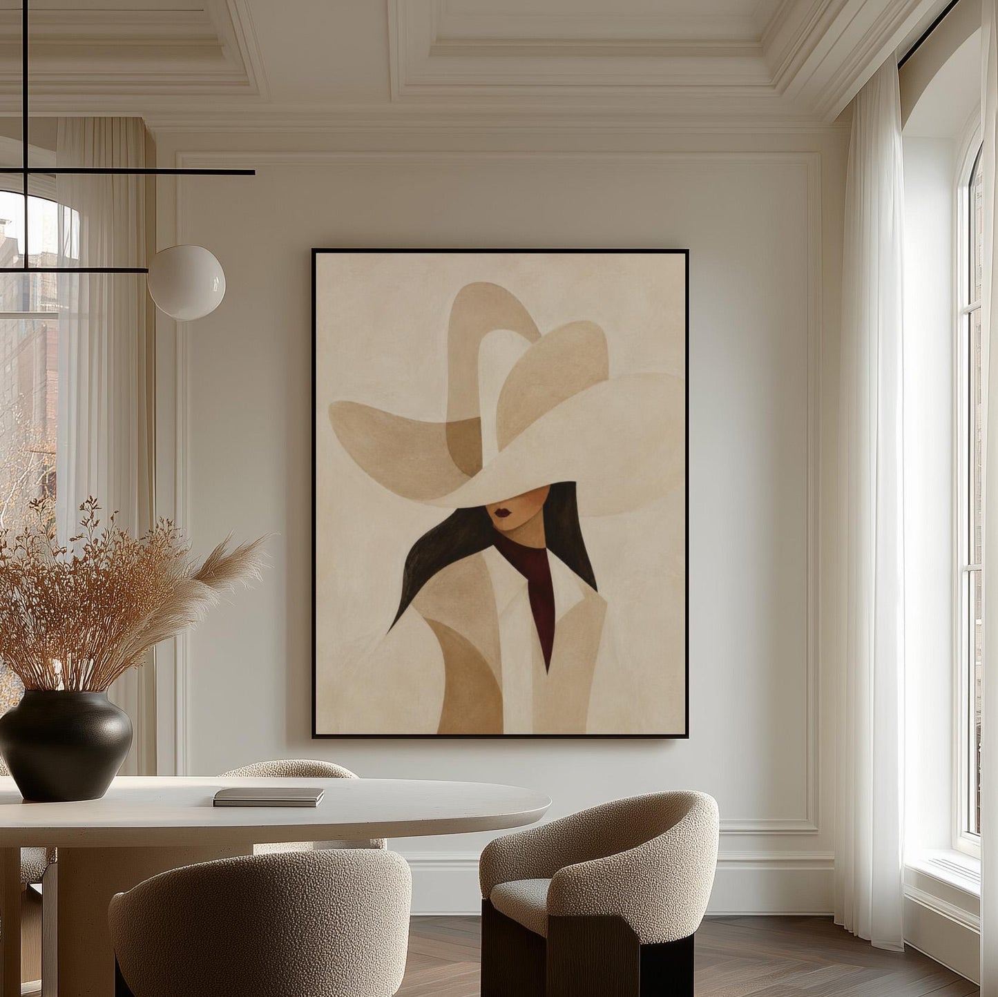 Abstract sculptural cream cowboy hat above a woman in a pale coat, canvas wall art presented in a light, minimal room