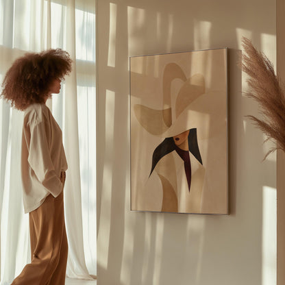 Abstract sculptural cream cowboy hat above a woman in a pale coat, canvas wall art on a quiet wall in a considered interior