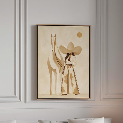 Cowgirl in cream chaps beside a pale horse under a small ochre sun, canvas print in a bright room with natural daylight