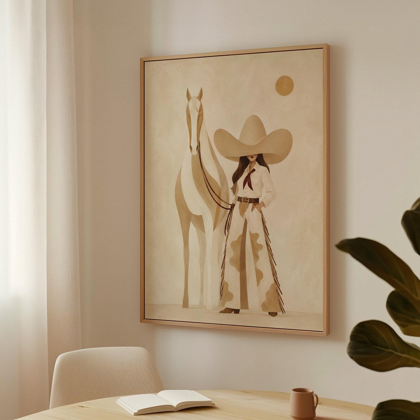 Cowgirl in cream chaps beside a pale horse under a small ochre sun, canvas print seen in a warm interior with natural light