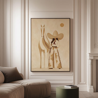 Cowgirl in cream chaps beside a pale horse under a small ochre sun, canvas print on a softly lit wall in a calm interior