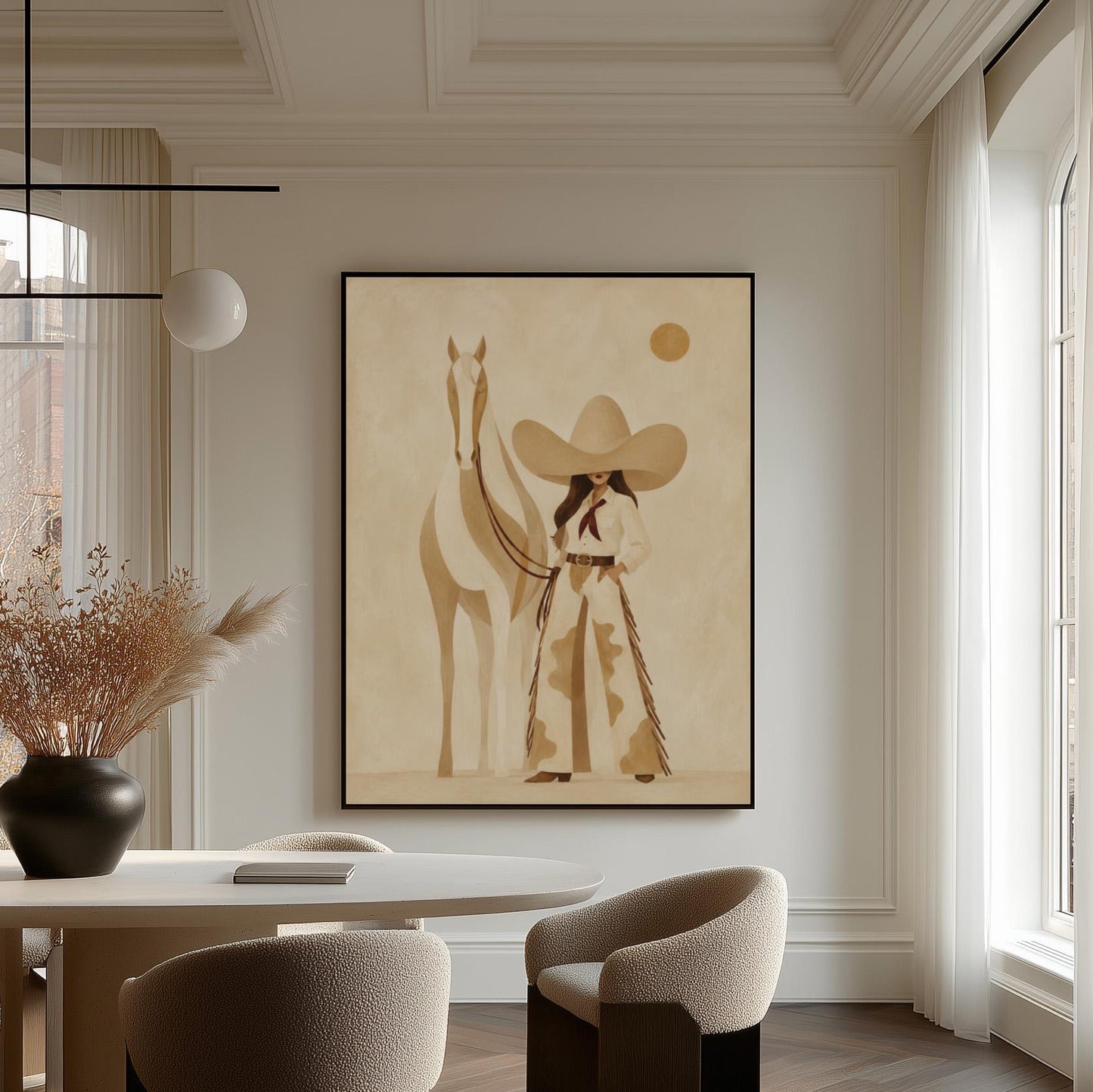 Cowgirl in cream chaps beside a pale horse under a small ochre sun, canvas wall art seen in a warm interior with natural light