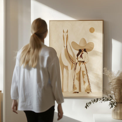 Cowgirl in cream chaps beside a pale horse under a small ochre sun, canvas wall art presented in a light, minimal room