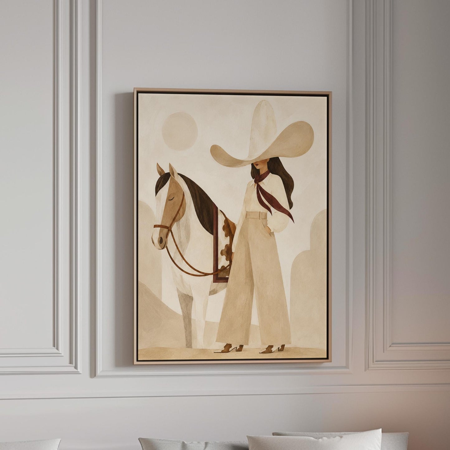 Cowgirl in cream trousers with a red scarf standing by a white horse, canvas print in a bright room with natural daylight