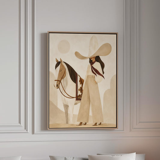 Cowgirl in cream trousers with a red scarf standing by a white horse, canvas print in a bright room with natural daylight