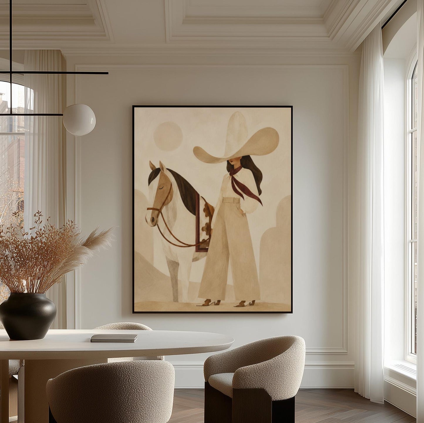 Cowgirl in cream trousers with a red scarf standing by a white horse, canvas print styled against a soft white wall