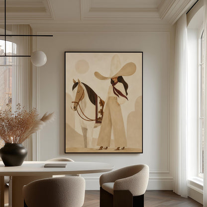 Cowgirl in cream trousers with a red scarf standing by a white horse, canvas print styled against a soft white wall