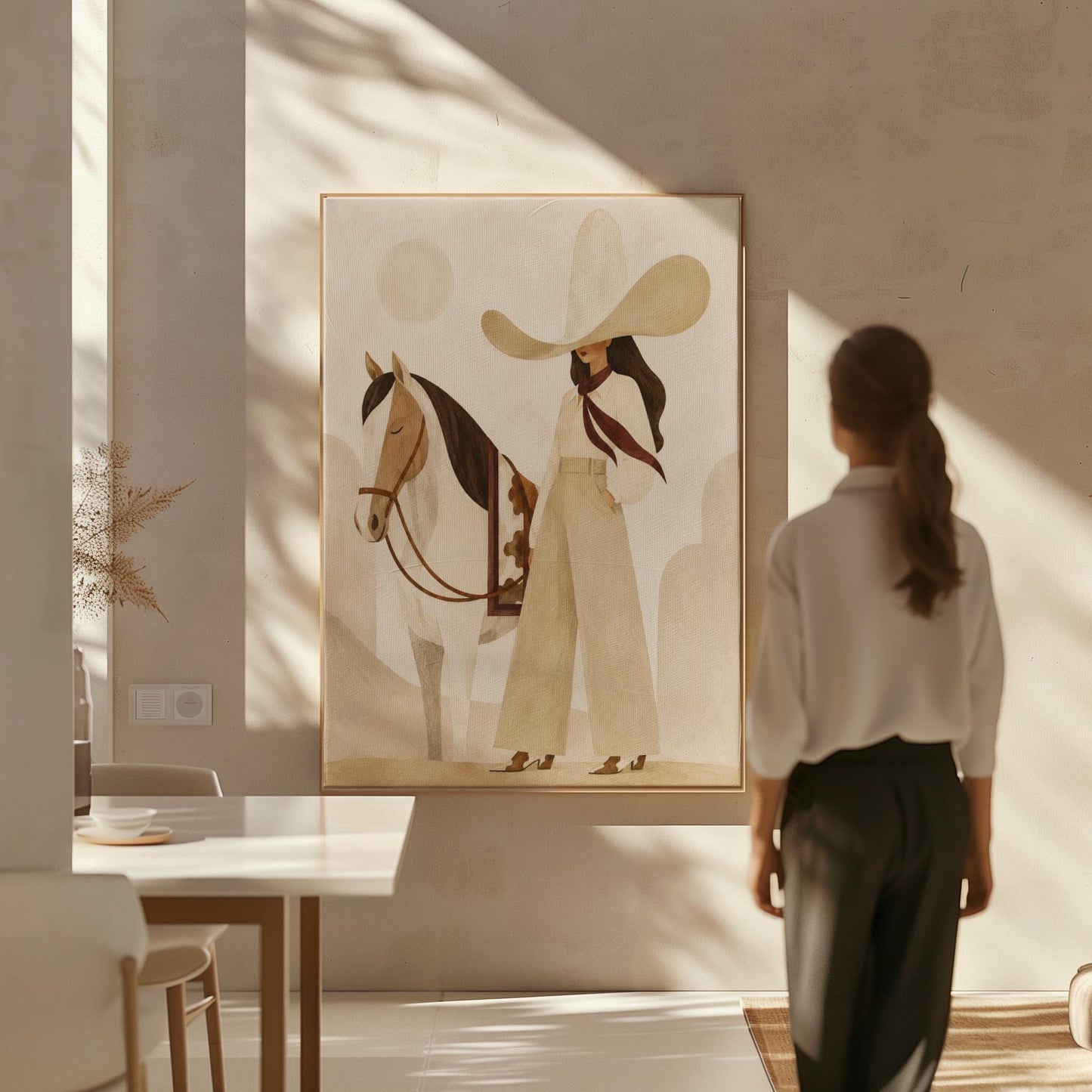 Cowgirl in cream trousers with a red scarf standing by a white horse, canvas print seen in a warm interior with natural light