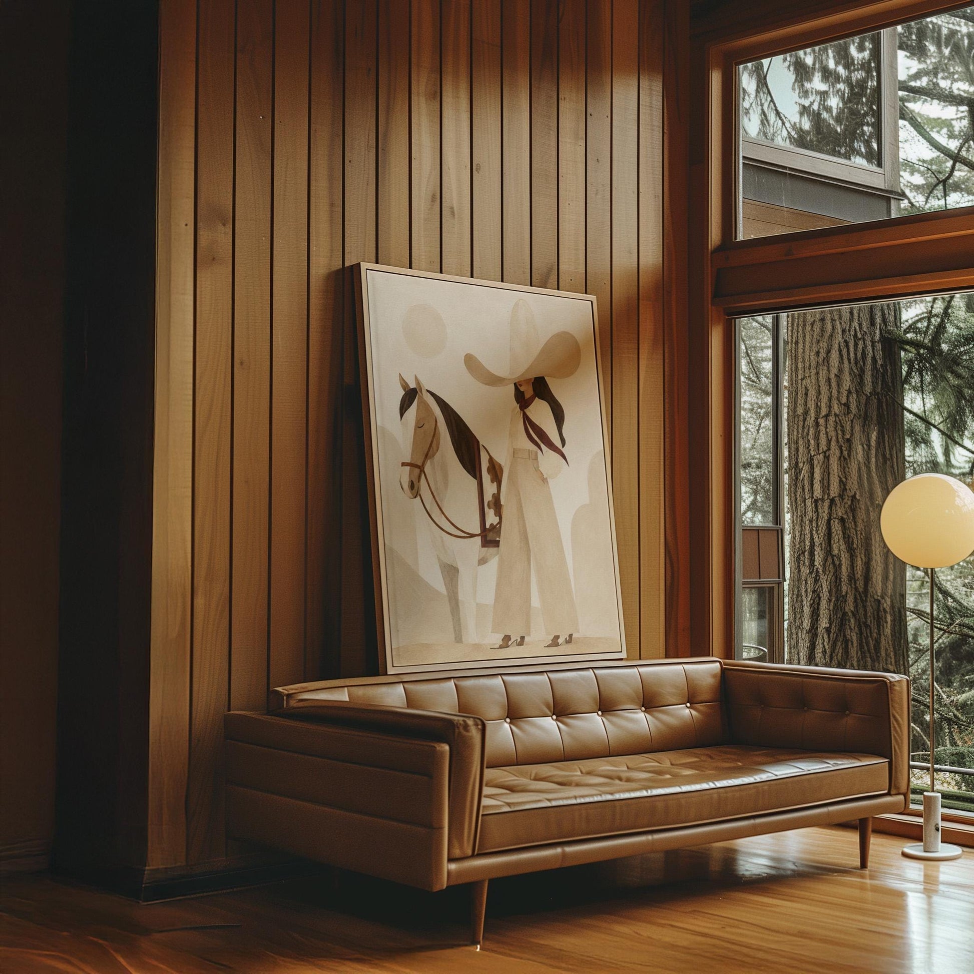 Cowgirl in cream trousers with a red scarf standing by a white horse, canvas print shown to scale in a furnished room