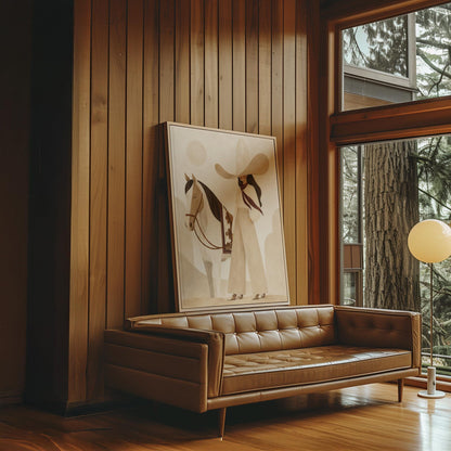 Cowgirl in cream trousers with a red scarf standing by a white horse, canvas print shown to scale in a furnished room