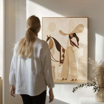 Cowgirl in cream trousers with a red scarf standing by a white horse, canvas print displayed on a neutral wall in a styled interior