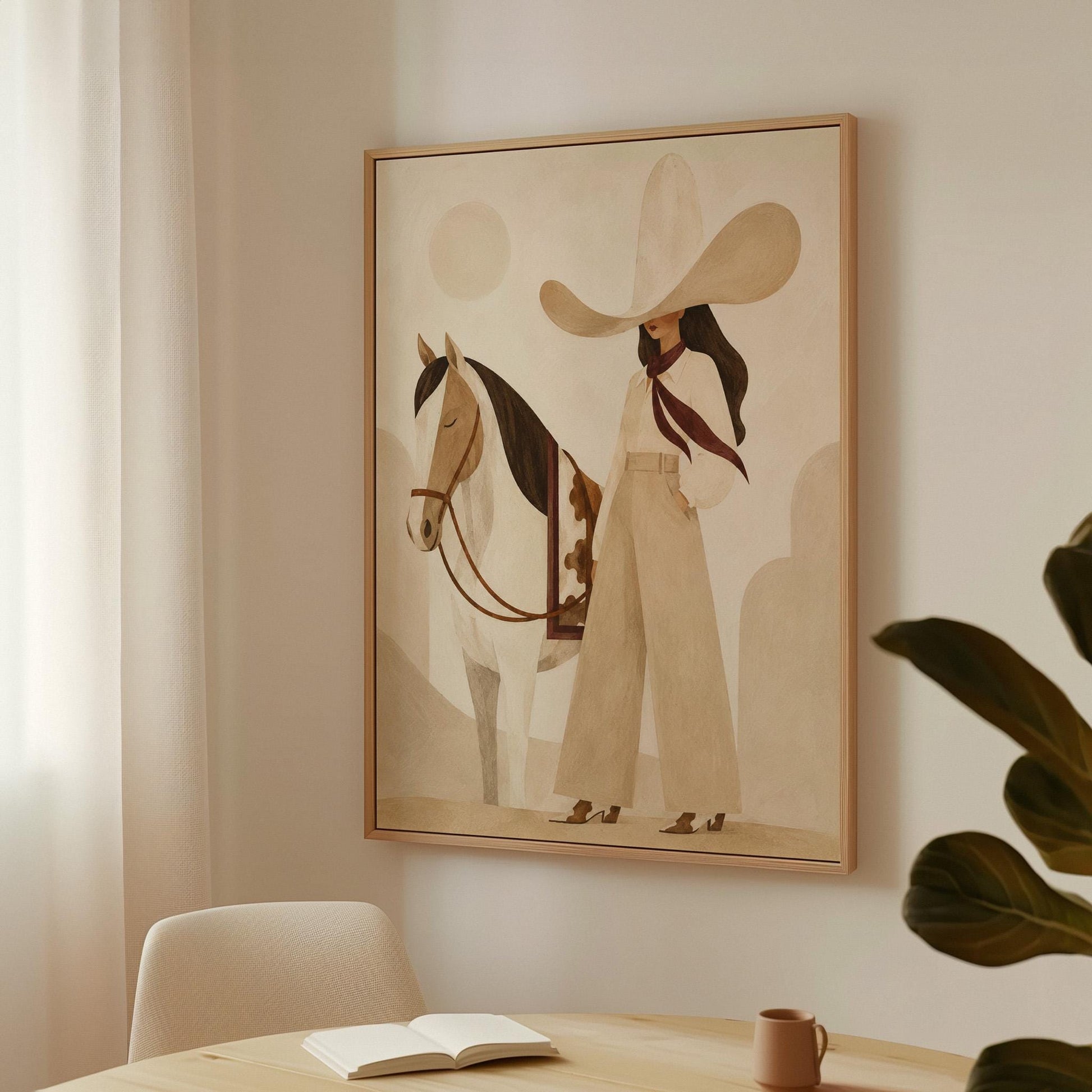 Cowgirl in cream trousers with a red scarf standing by a white horse, canvas print shown in a sunlit, contemporary room