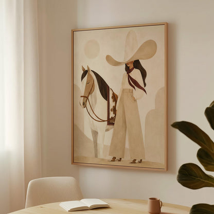Cowgirl in cream trousers with a red scarf standing by a white horse, canvas print shown in a sunlit, contemporary room