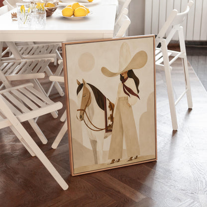 Cowgirl in cream trousers with a red scarf standing by a white horse, canvas wall art seen in a warm interior with natural light