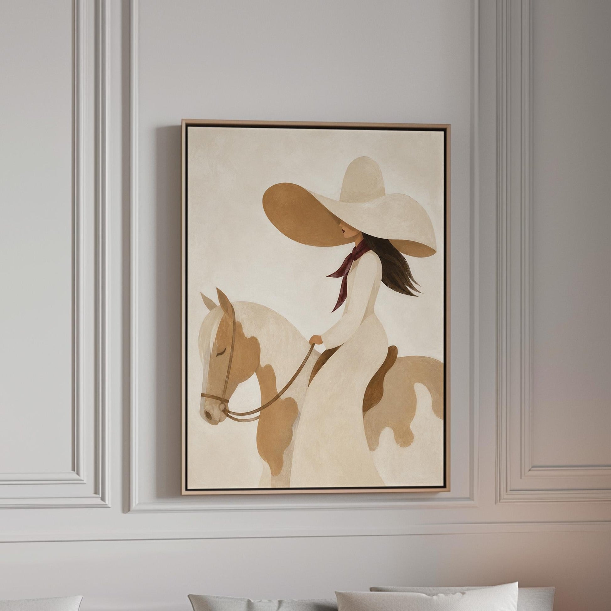Woman in a long white dress and floppy hat riding a spotted horse, canvas print in a bright room with natural daylight