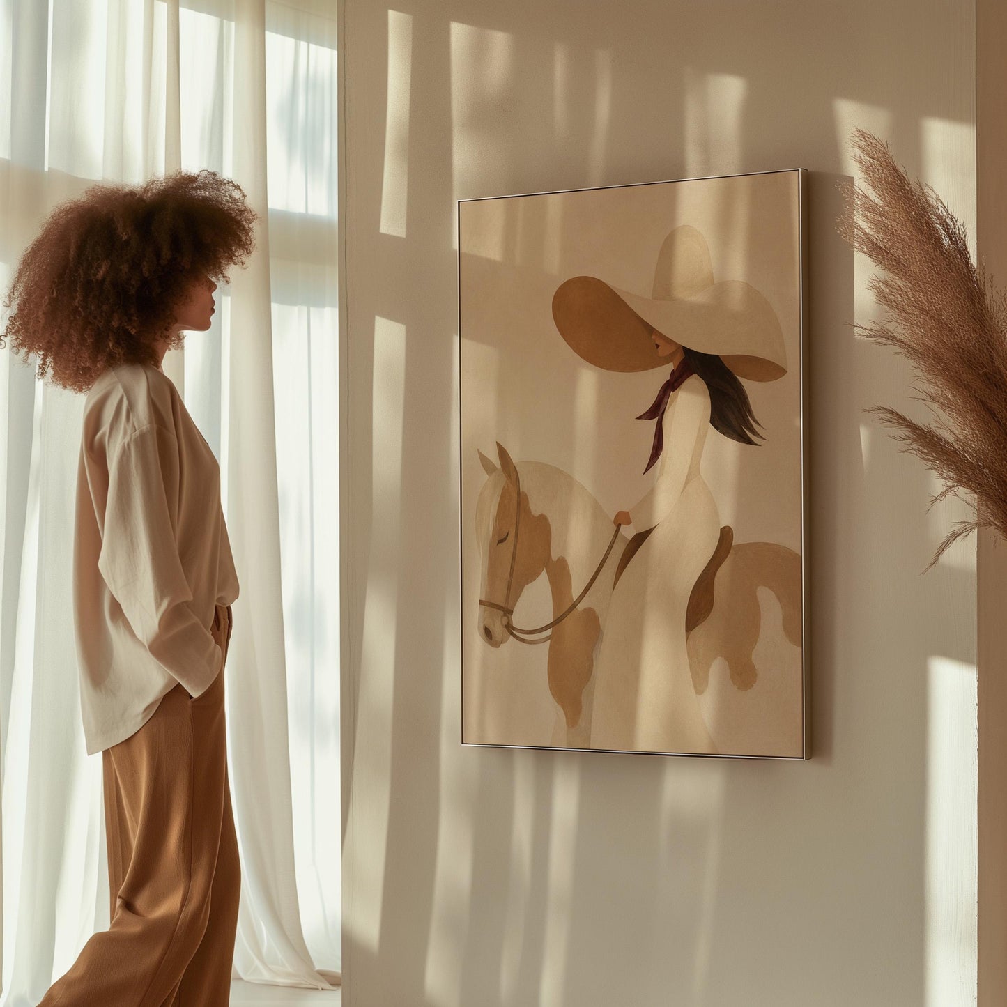 Woman in a long white dress and floppy hat riding a spotted horse, canvas print hanging in a calm, modern living space