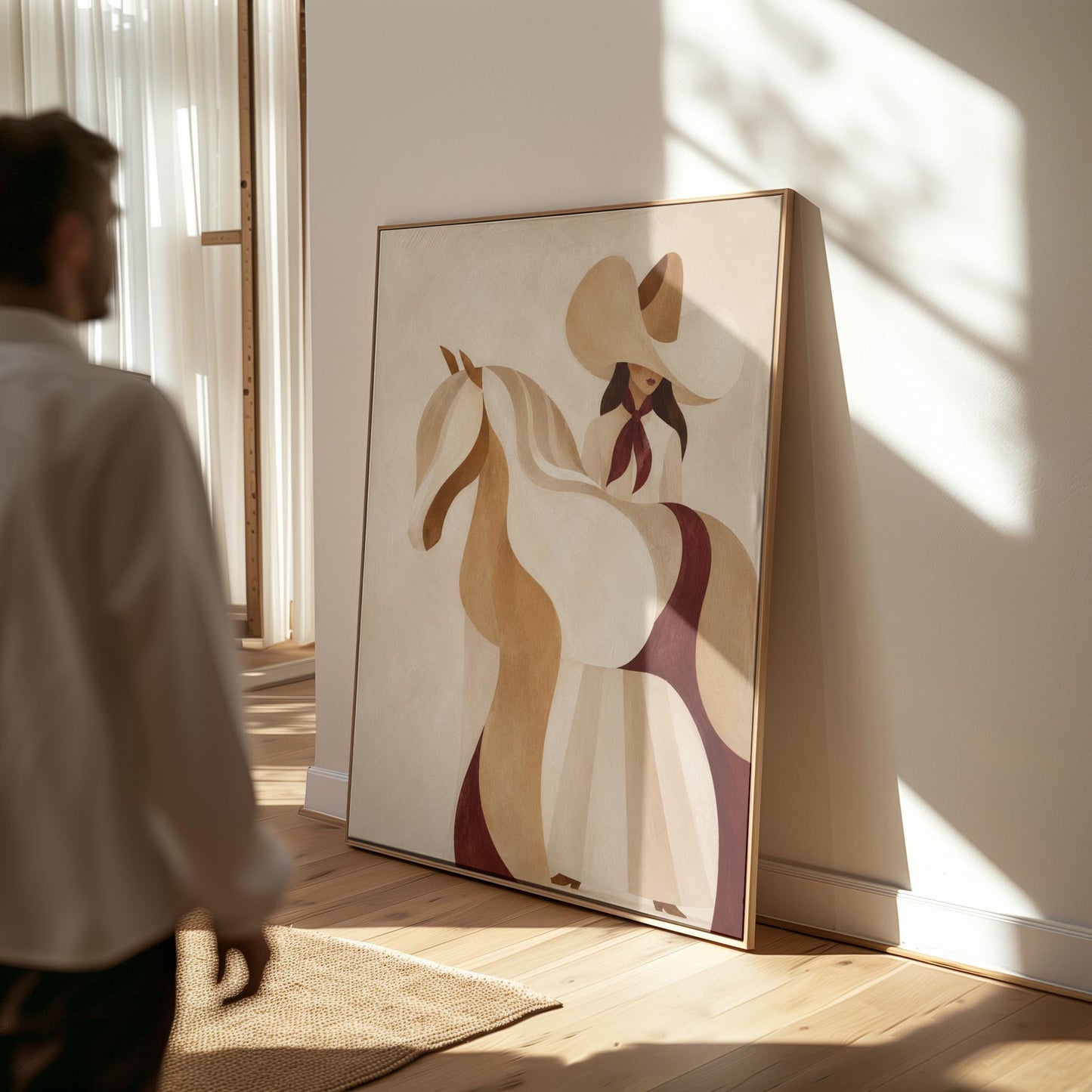 Stylised cream horse in curved shapes with a rider in white above it, canvas print hanging in a calm, modern living space