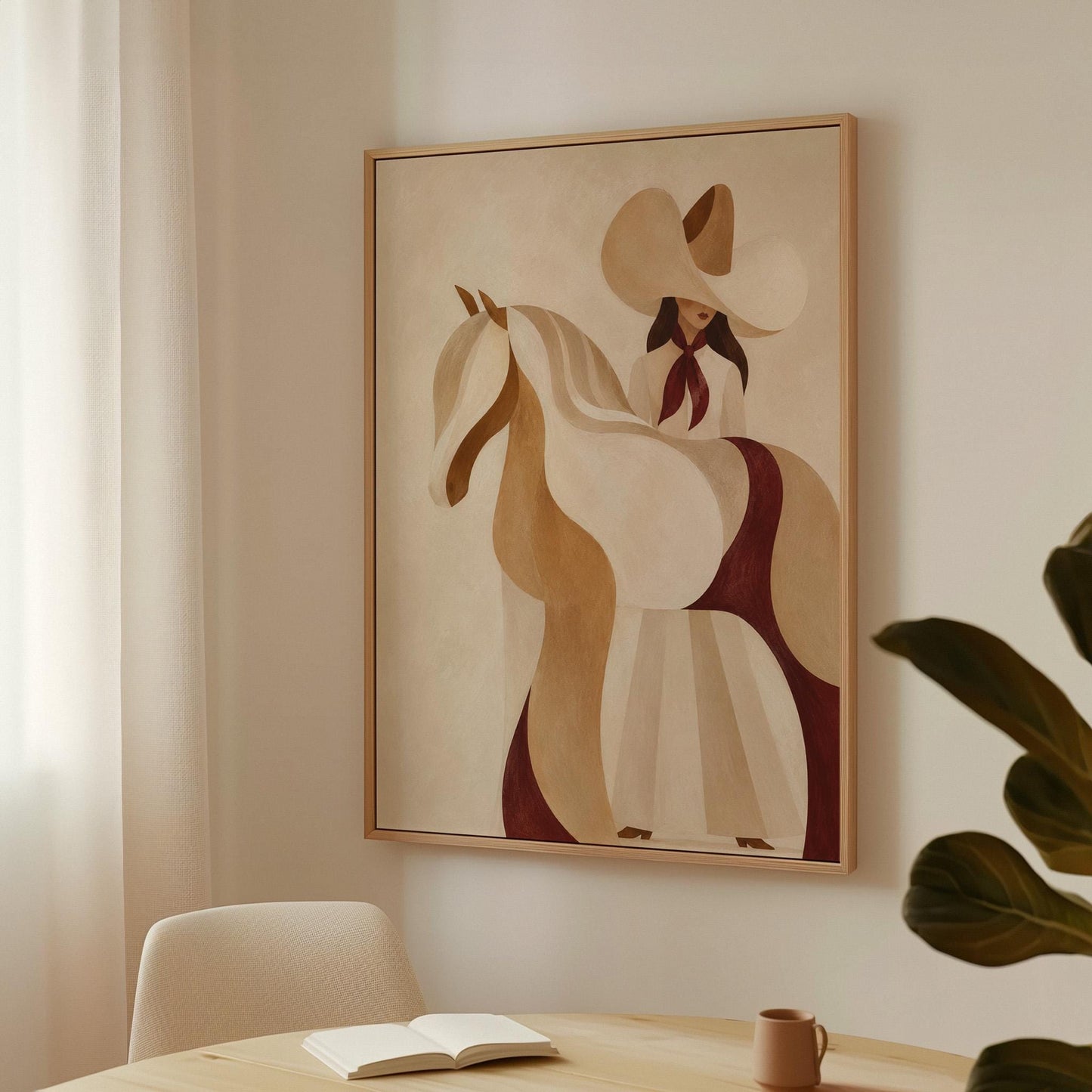 Stylised cream horse in curved shapes with a rider in white above it, canvas print seen in a warm interior with natural light