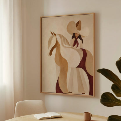 Stylised cream horse in curved shapes with a rider in white above it, canvas print seen in a warm interior with natural light