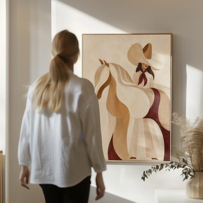Stylised cream horse in curved shapes with a rider in white above it, canvas print displayed on a neutral wall in a styled interior