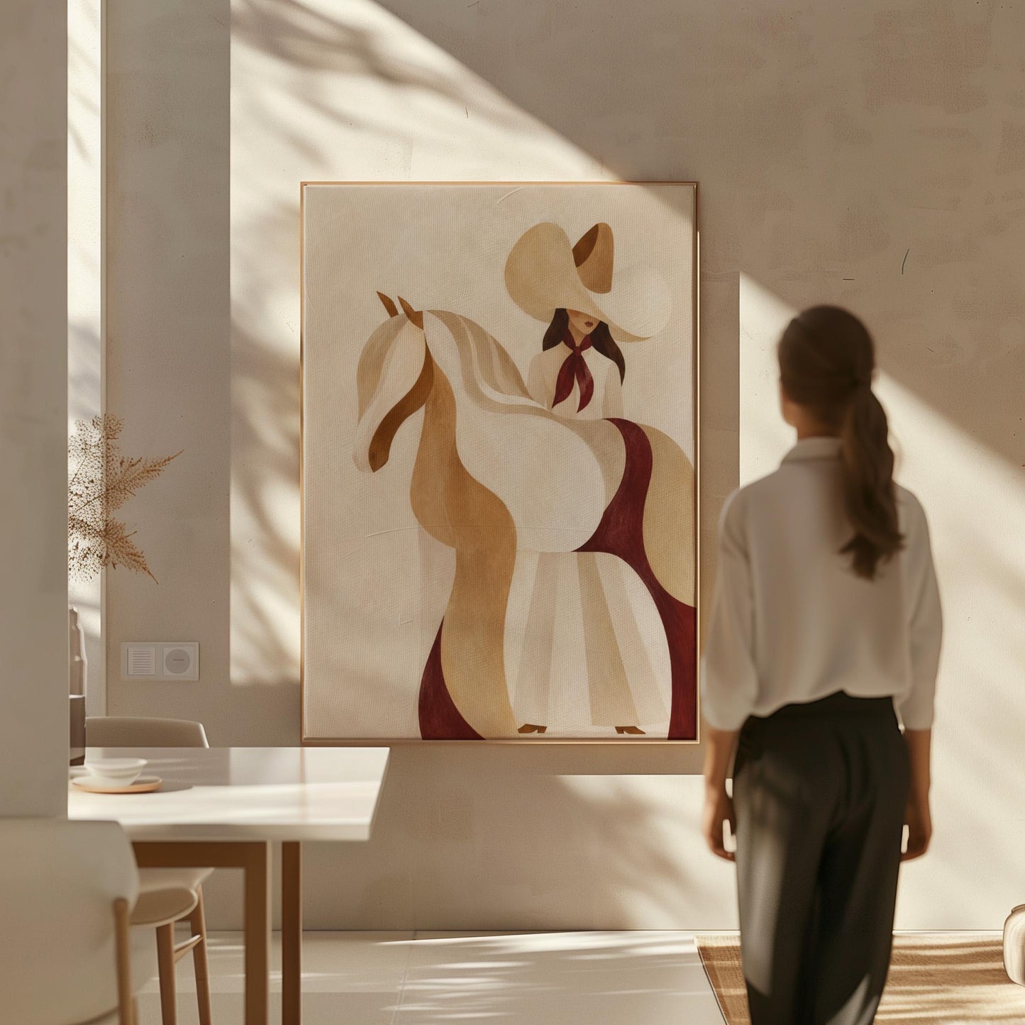 Stylised cream horse in curved shapes with a rider in white above it, canvas wall art styled against a soft white wall