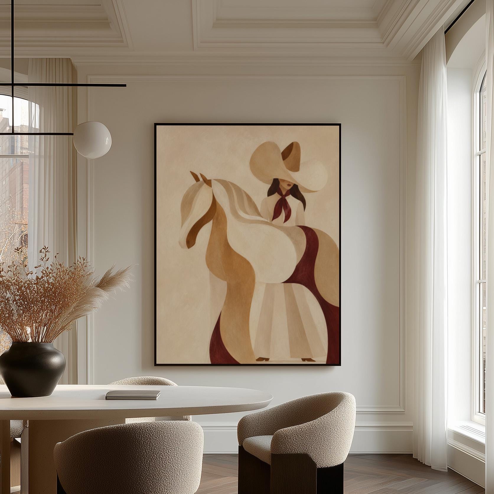 Stylised cream horse in curved shapes with a rider in white above it, canvas wall art presented in a light, minimal room