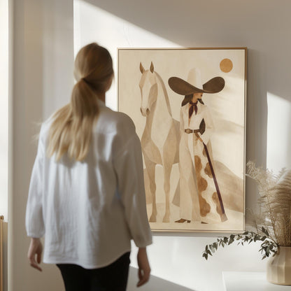 Cowgirl in a dark hat with a pale horse before soft desert hills, canvas print on a quiet wall in a considered interior
