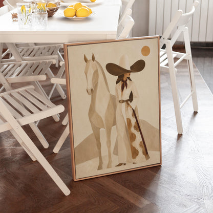 Cowgirl in a dark hat with a pale horse before soft desert hills, canvas print shown to scale in a furnished room
