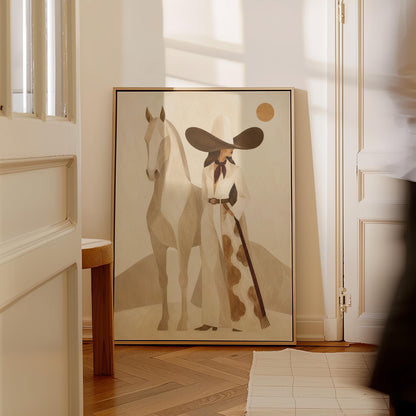 Cowgirl in a dark hat with a pale horse before soft desert hills, canvas print shown in a sunlit, contemporary room