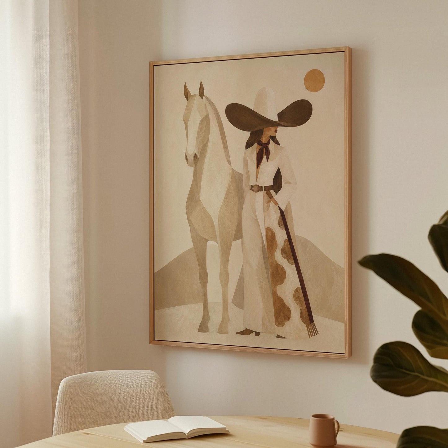 Cowgirl in a dark hat with a pale horse before soft desert hills, canvas wall art styled against a soft white wall