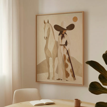 Cowgirl in a dark hat with a pale horse before soft desert hills, canvas wall art styled against a soft white wall