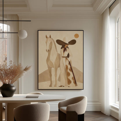 Cowgirl in a dark hat with a pale horse before soft desert hills, canvas wall art seen in a warm interior with natural light