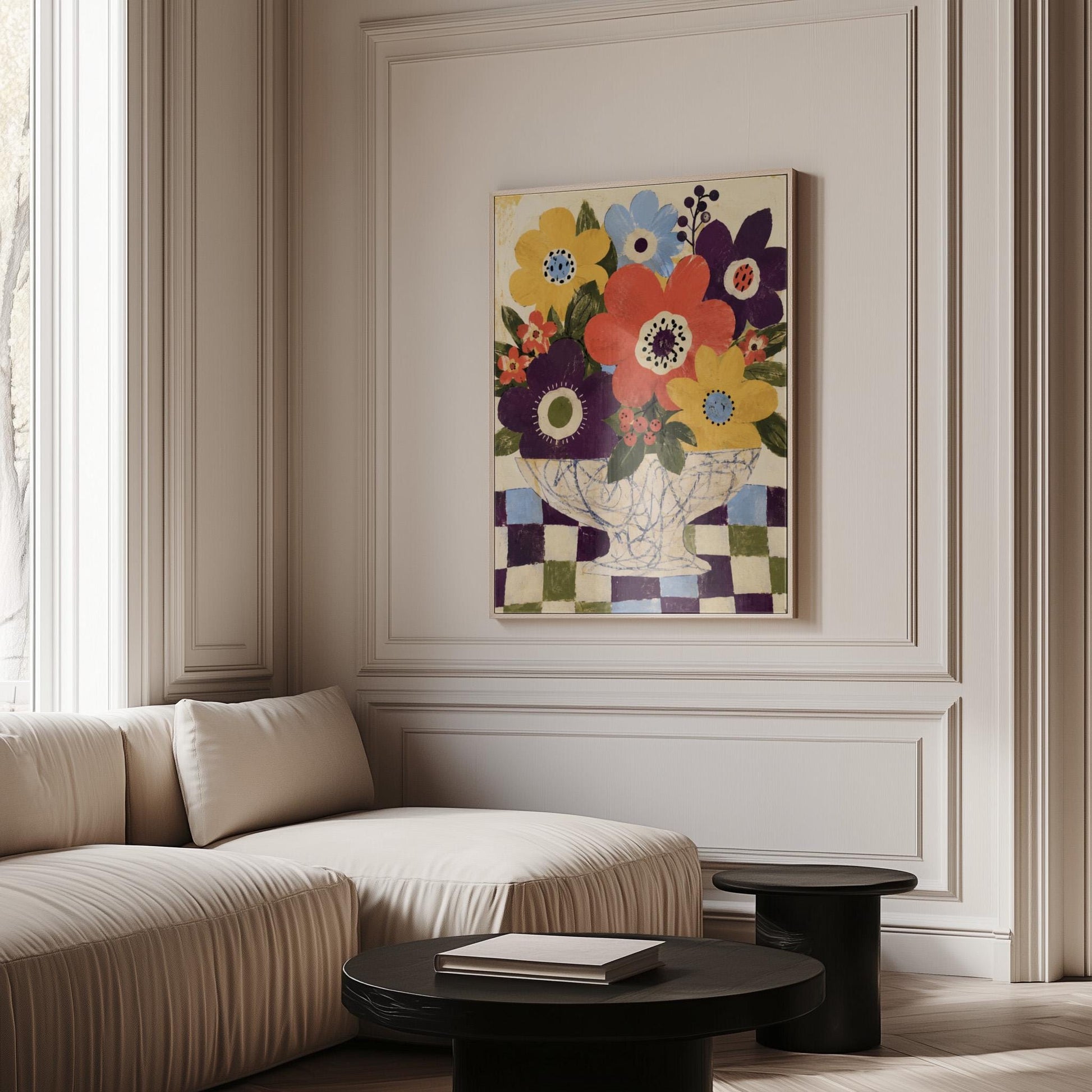 Bright folk bouquet in a white urn set on a checkerboard tabletop, canvas print presented in a light, minimal room