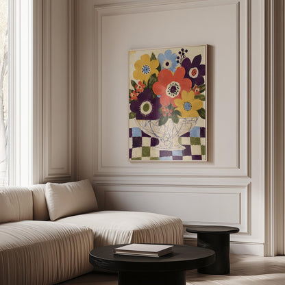 Bright folk bouquet in a white urn set on a checkerboard tabletop, canvas print presented in a light, minimal room