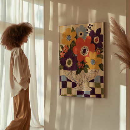 Bright folk bouquet in a white urn set on a checkerboard tabletop, canvas print shown to scale in a furnished room
