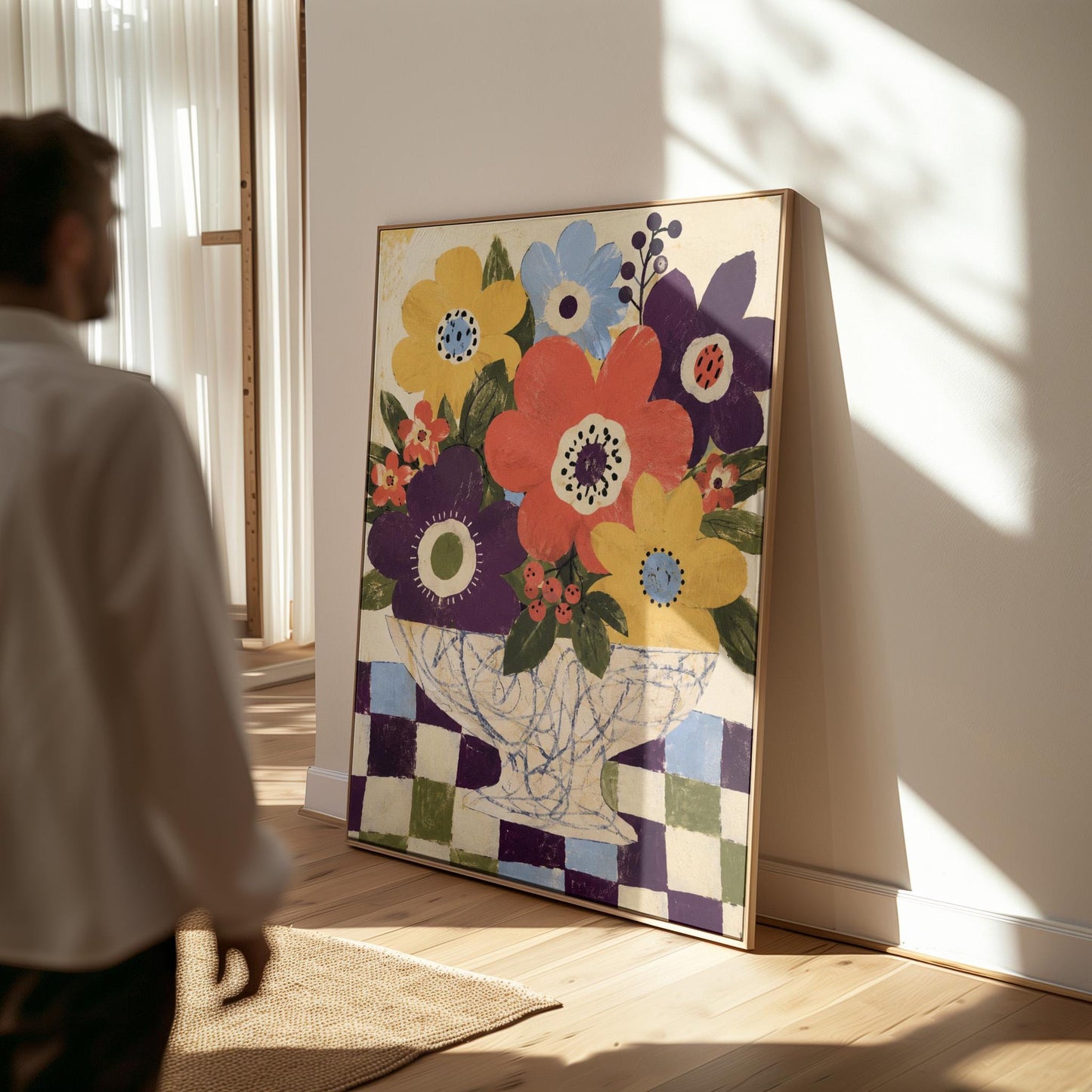 Bright folk bouquet in a white urn set on a checkerboard tabletop, canvas print displayed on a neutral wall in a styled interior
