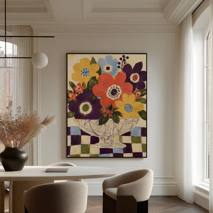 Bright folk bouquet in a white urn set on a checkerboard tabletop, canvas wall art seen in a warm interior with natural light