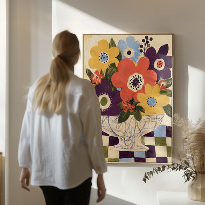 Bright folk bouquet in a white urn set on a checkerboard tabletop, canvas wall art presented in a light, minimal room
