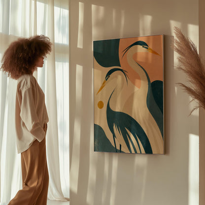 Two great herons with yellow beaks against a peach and teal sky, canvas print seen in a warm interior with natural light