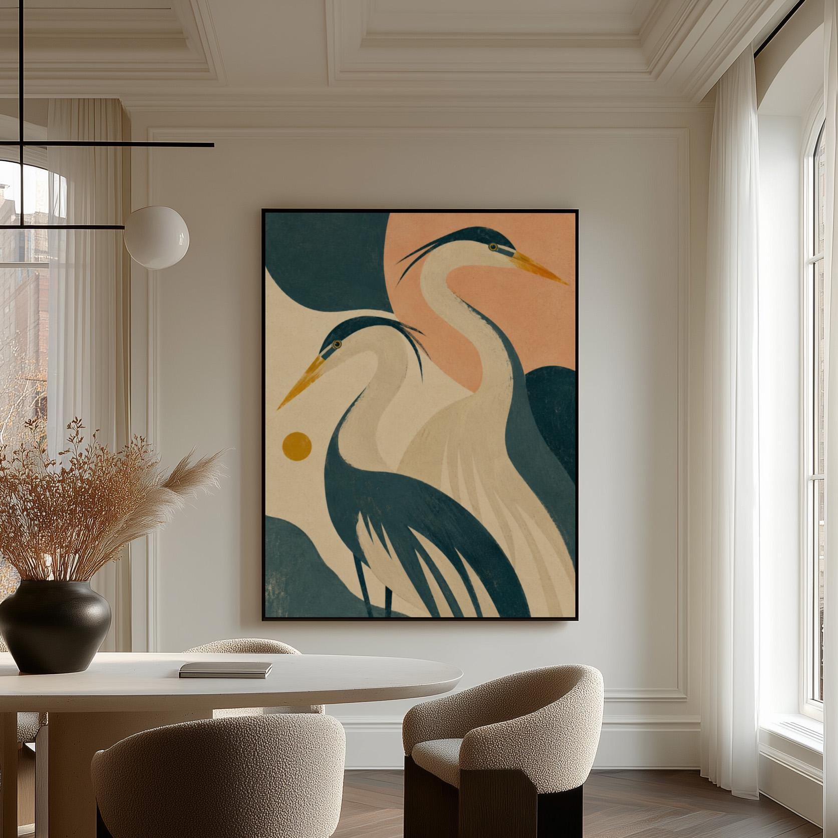 Two great herons with yellow beaks against a peach and teal sky, canvas print on a quiet wall in a considered interior