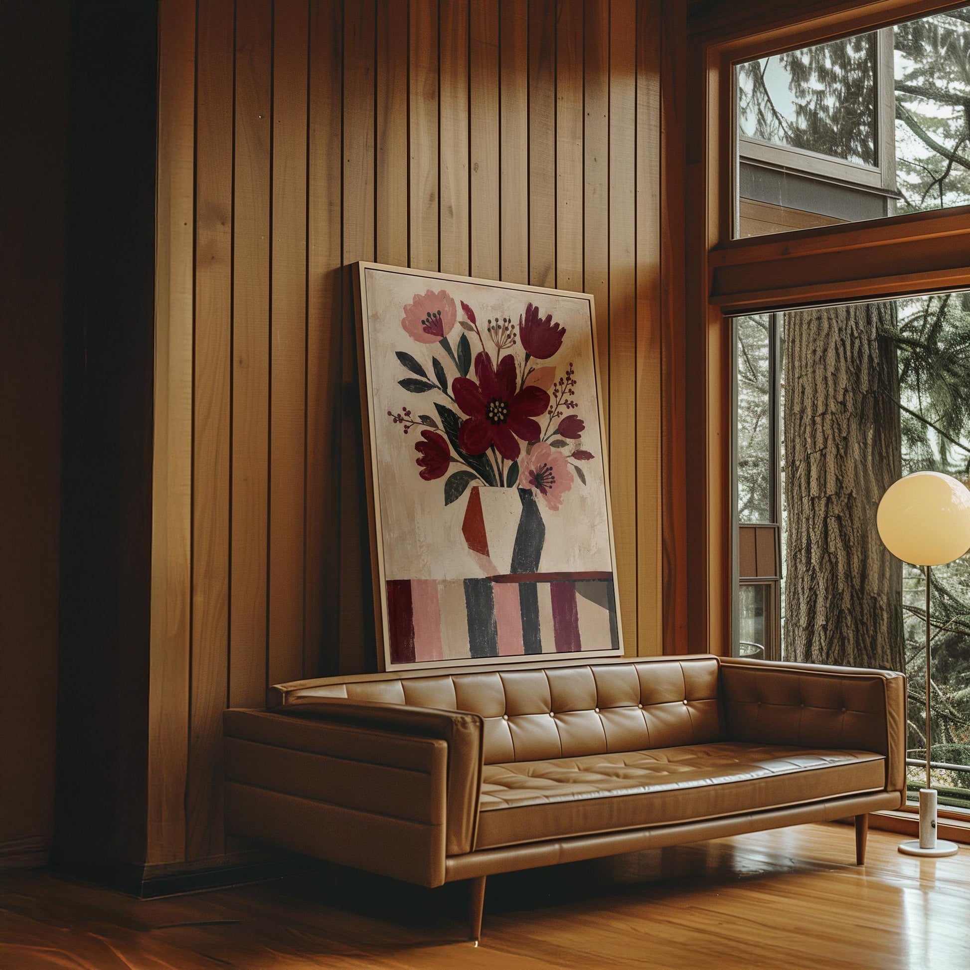 Burgundy and dusty pink flowers in a striped vase on a striped table, canvas print hanging in a calm, modern living space